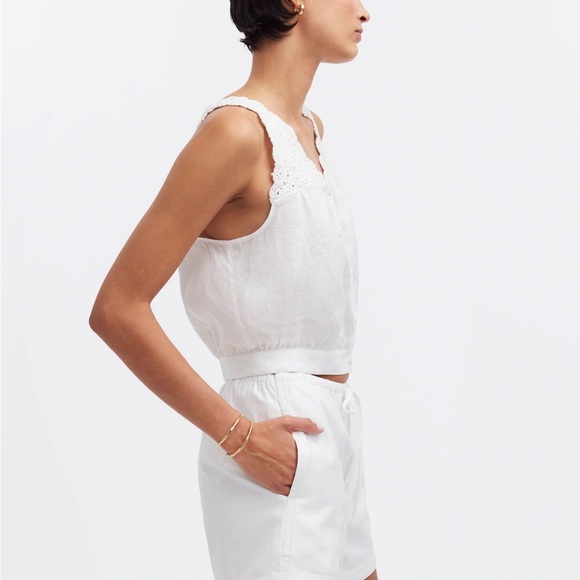 Madewell 100% Linen Embroidered V-Neck Bubble Top - Picture 3 of 7